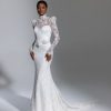 Dresses Kleinfeld Bridal Long Sleeves | Long Sleeve High Neckline Lace Fit And Flare Wedding Dress With Bow And Puff Sleeves