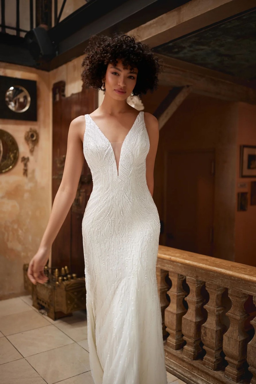 Dresses Kleinfeld Bridal Sheath | Beaded V-Neck Sheath Gown