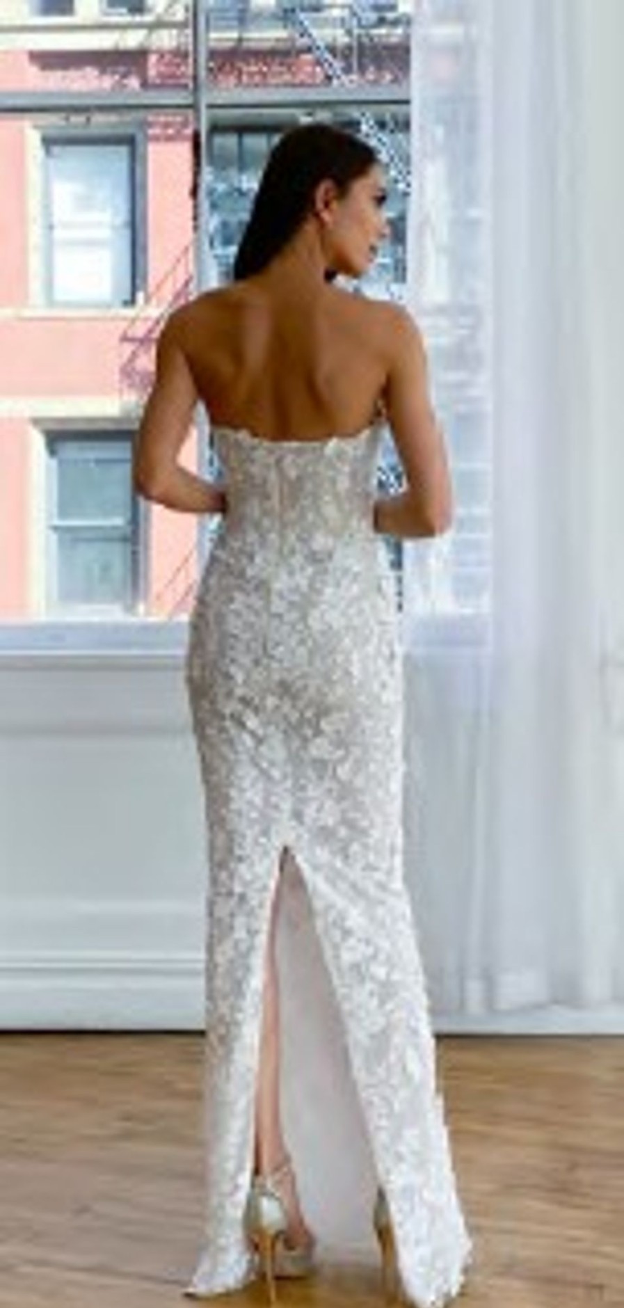 Dresses Kleinfeld Bridal Sheath | Strapless Sheath Wedding Dress With Embroidered Beaded Lace And Back Slit