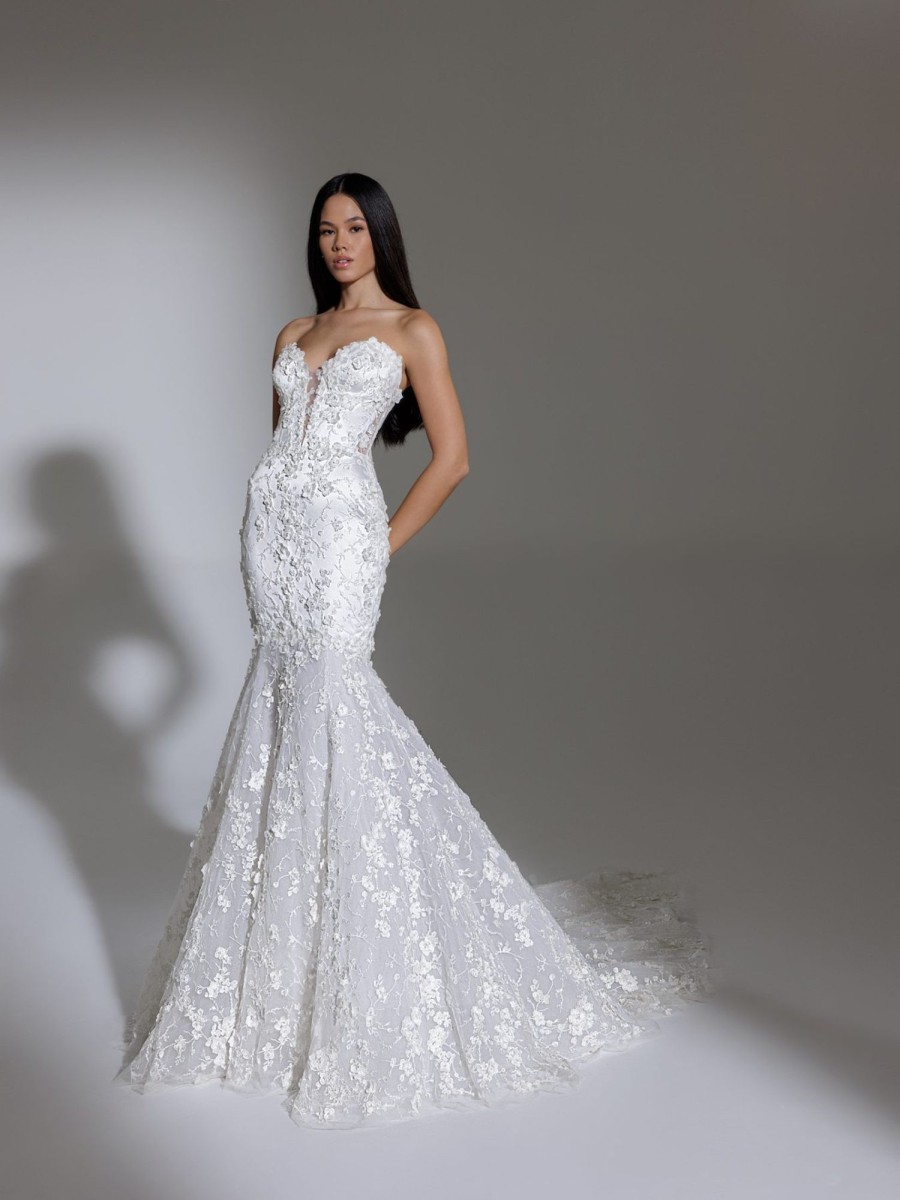 Dresses Kleinfeld Bridal Kleinfeld Exclusives | Strapless Deep V Illusion Neckline Floral Lace Mermaid Wedding Dress