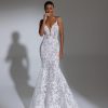 Dresses Kleinfeld Bridal Kleinfeld Exclusives | Spaghetti Strap Plunging V-Neckline Lace Mermaid Wedding Dress