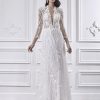 Dresses Kleinfeld Bridal Kleinfeld Exclusives | Beaded A-Line Wedding Dress With Deep V-Neckline And Illusion Long Sleeves