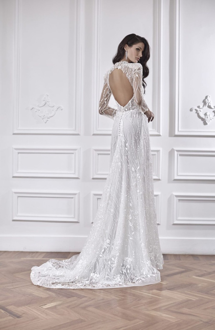 Dresses Kleinfeld Bridal Kleinfeld Exclusives | Beaded A-Line Wedding Dress With Deep V-Neckline And Illusion Long Sleeves