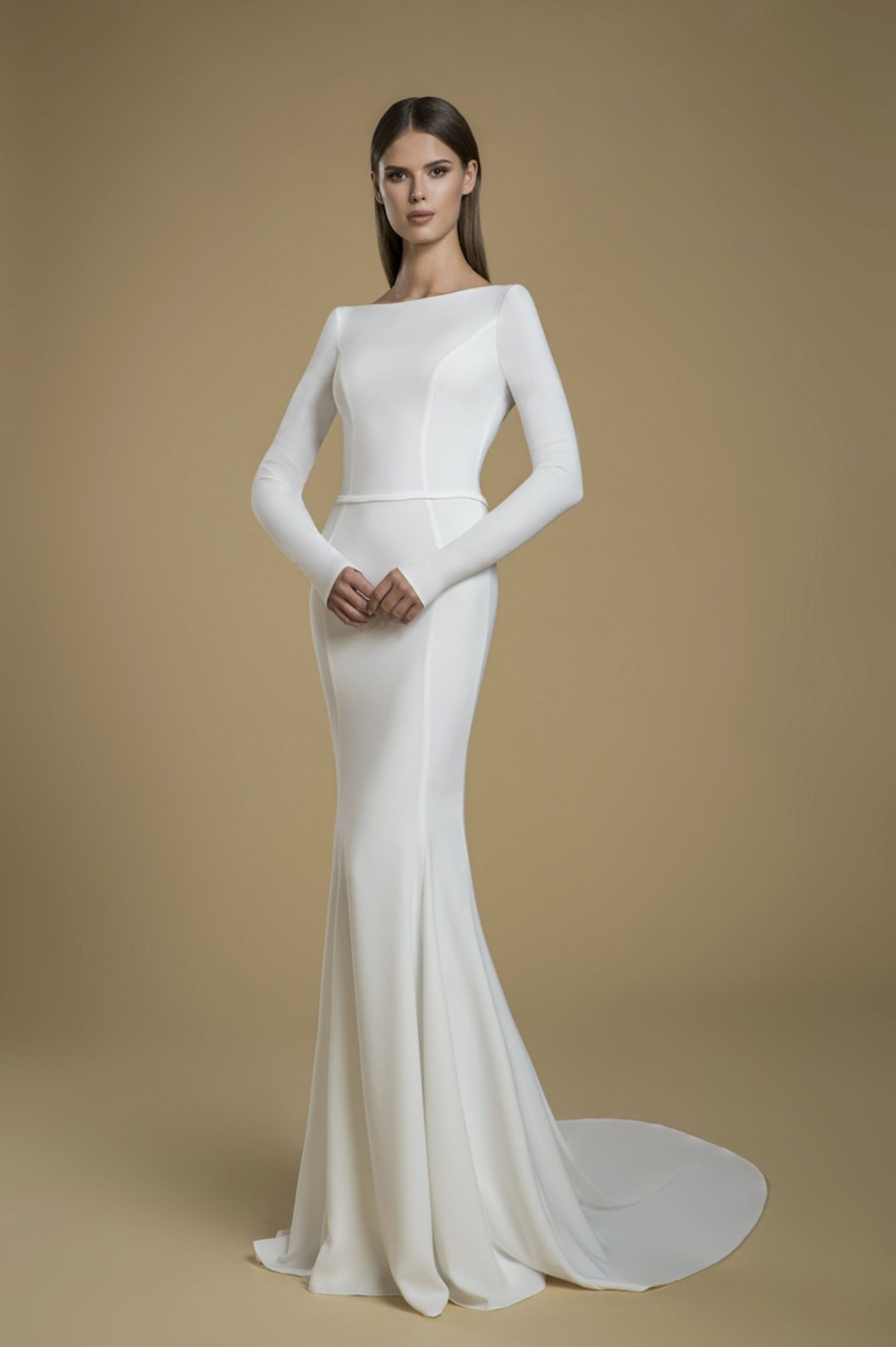 Dresses Kleinfeld Bridal Kleinfeld Exclusives | Long Sleeve Crepe Sheath Wedding Dress