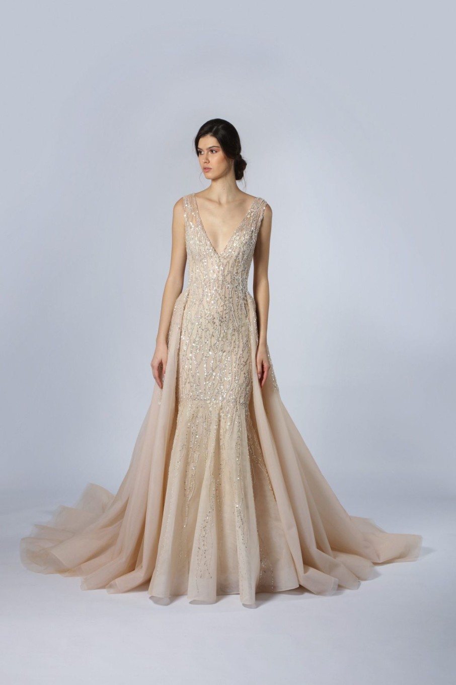 Dresses Kleinfeld Bridal Fit And Flare | Embroidered V-Neck Fit-And-Flare Gown With Overskirt