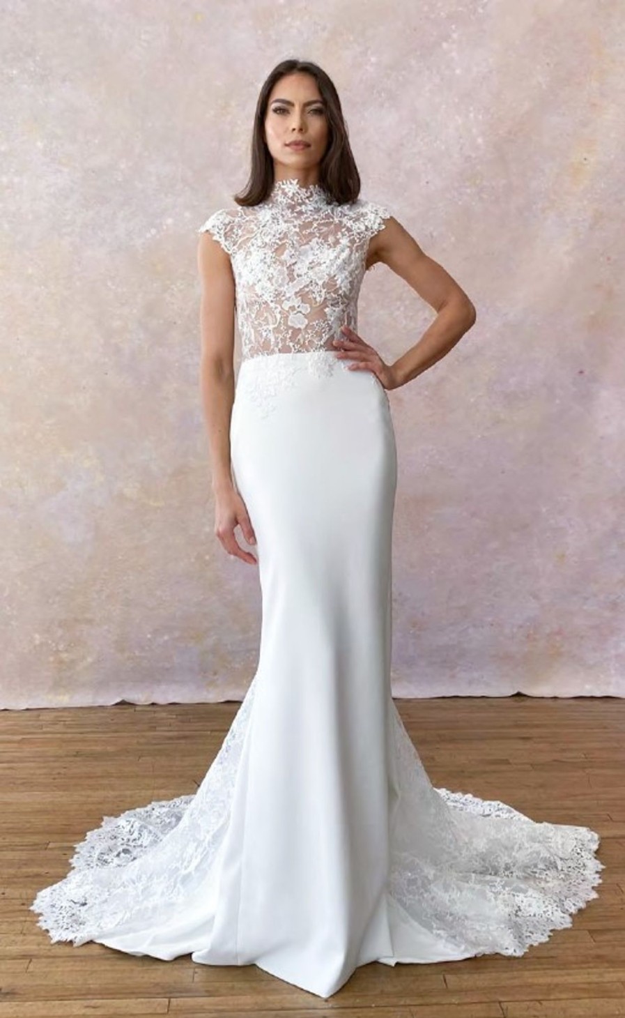 Dresses Kleinfeld Bridal Sheath | Lace High Neck Sheath Wedding Dress With Cap Sleeves