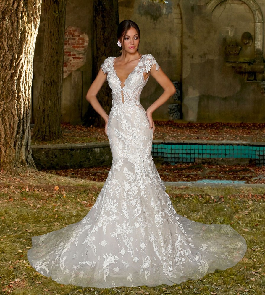 Dresses Kleinfeld Bridal Mermaid | Cap Sleeve Mermaid Wedding Dress With V Neckline And Illusion And Sequin Lace