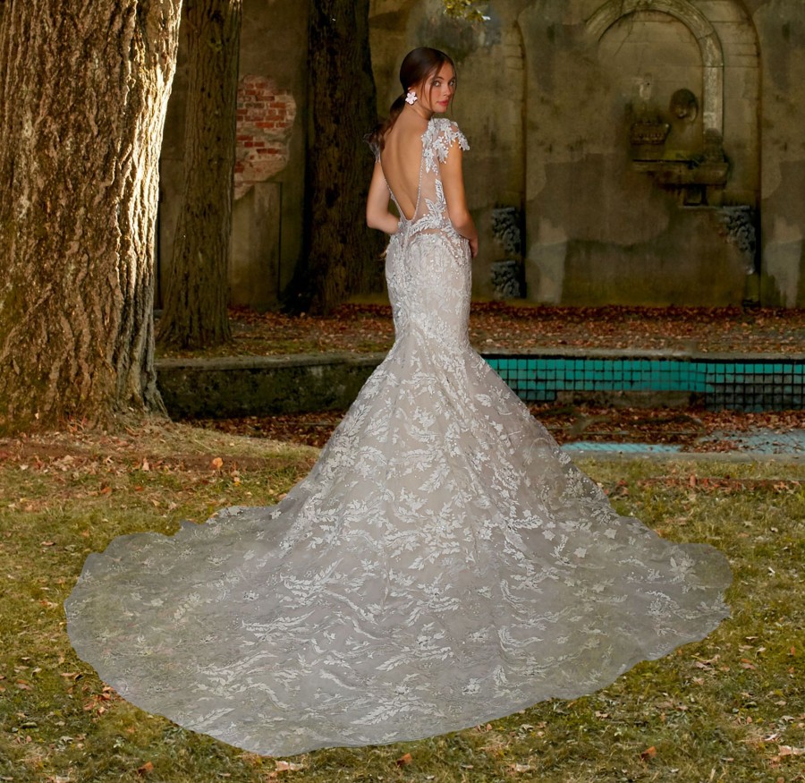 Dresses Kleinfeld Bridal Mermaid | Cap Sleeve Mermaid Wedding Dress With V Neckline And Illusion And Sequin Lace