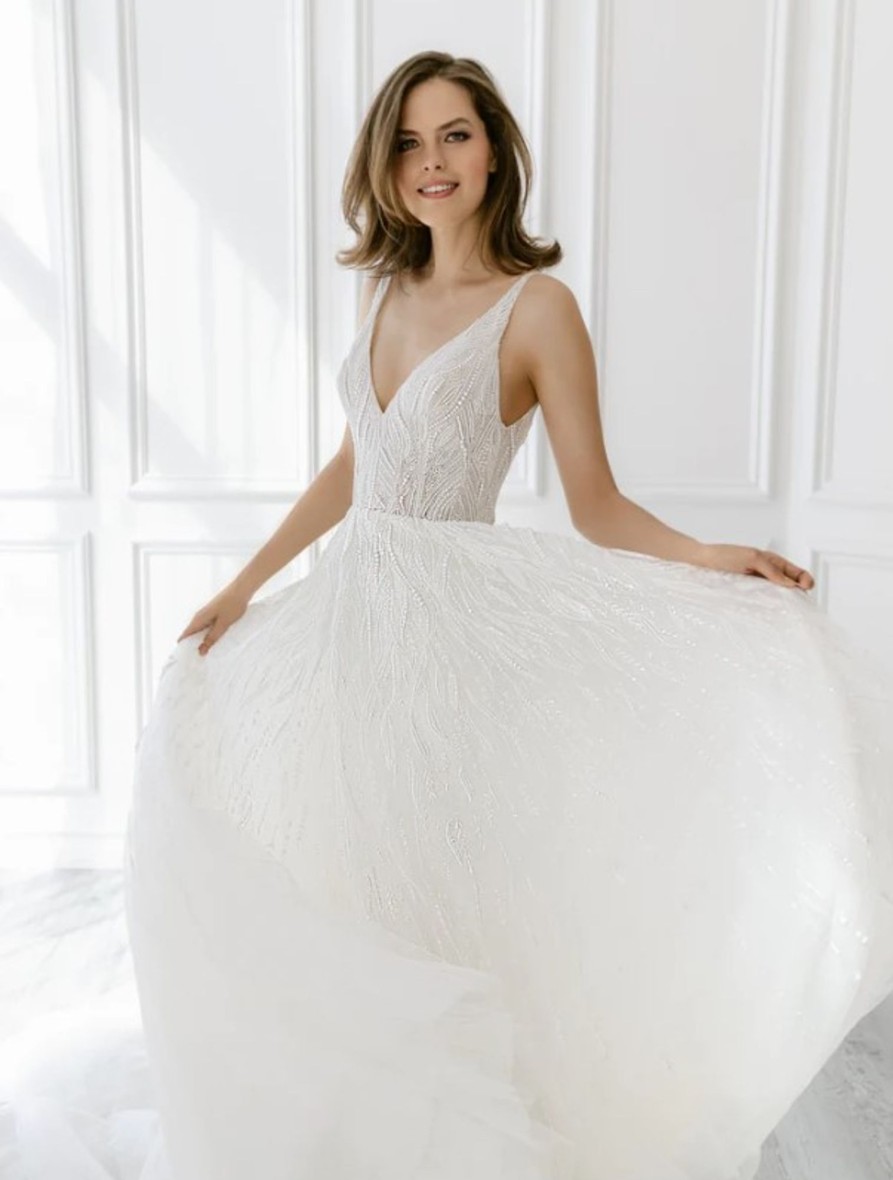 Dresses Kleinfeld Bridal A-Line | Sleeveless Beaded A-Line Wedding Dress With V-Neckline