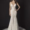 Dresses Kleinfeld Bridal Kleinfeld Exclusives | Spaghetti Strap Deep V Illusion Neckline And Sheer Bodice Fit And Flare Wedding Dress With Beading And Embroidered Lace