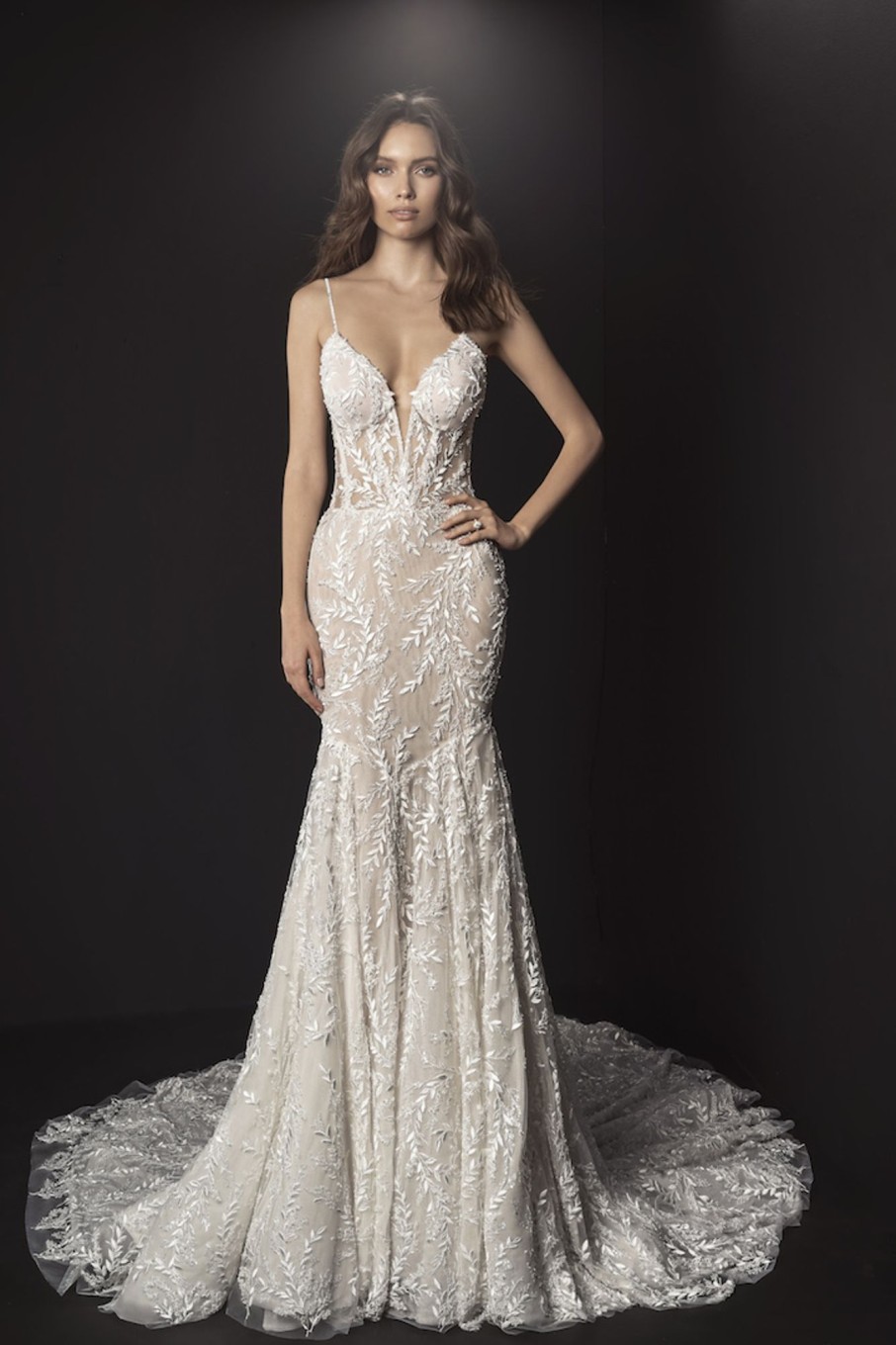 Dresses Kleinfeld Bridal Kleinfeld Exclusives | Spaghetti Strap Deep V Illusion Neckline And Sheer Bodice Fit And Flare Wedding Dress With Beading And Embroidered Lace