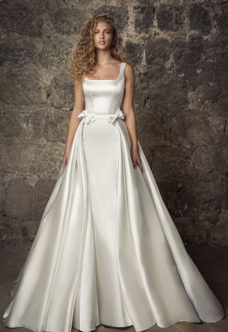 Dresses Kleinfeld Bridal Kleinfeld Exclusives | Sleeveless Satin Square Neck Mermaid Wedding Dress With Pearl Belt And Overskirt