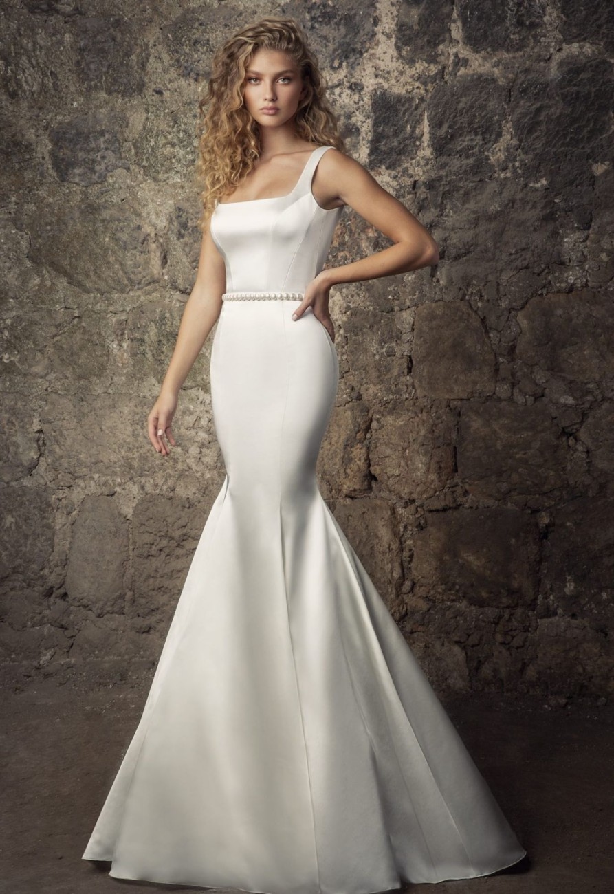 Dresses Kleinfeld Bridal Kleinfeld Exclusives | Sleeveless Satin Square Neck Mermaid Wedding Dress With Pearl Belt And Overskirt